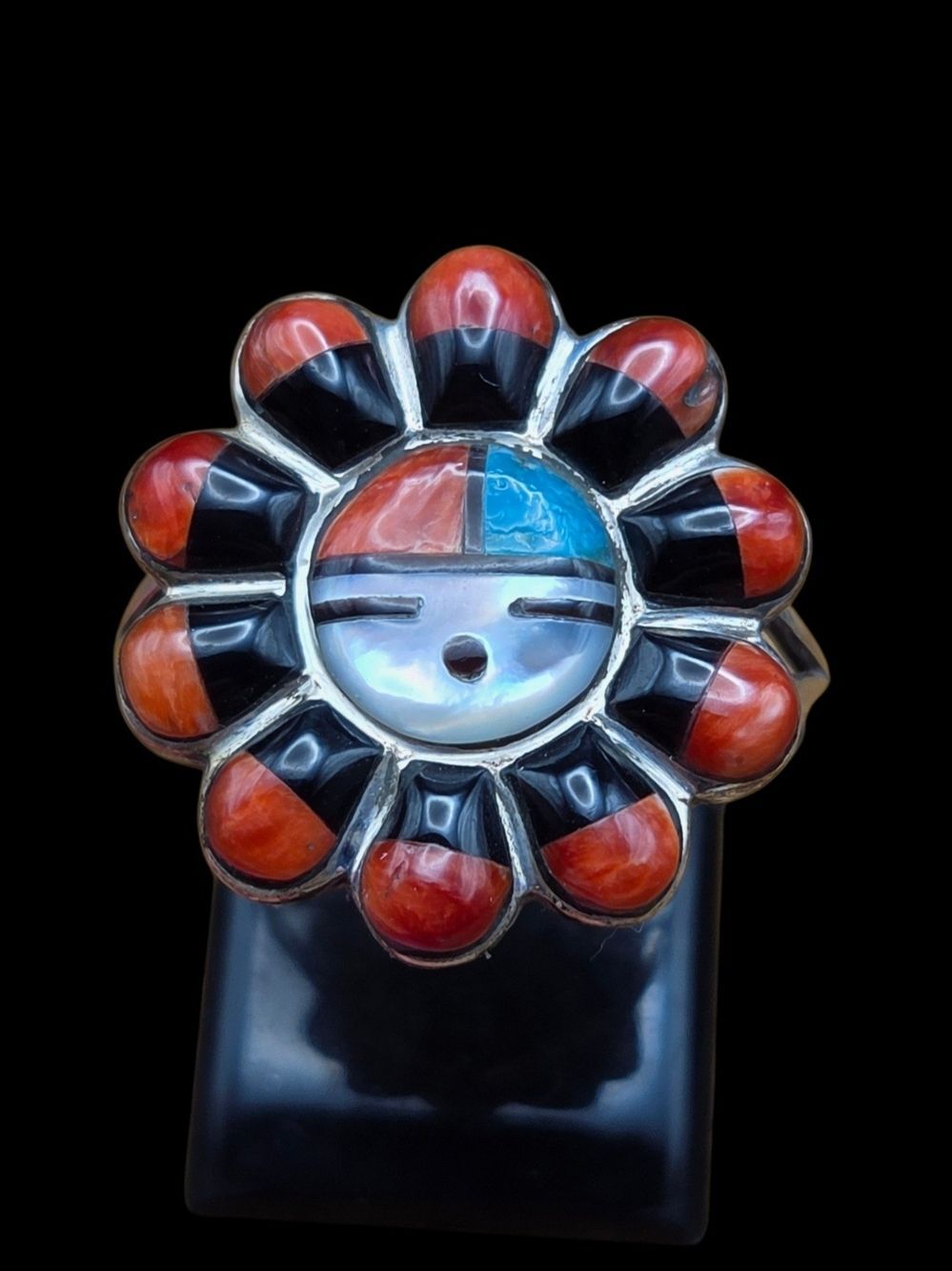 Vintage Zuni Sterling Silver Sunface Multi-Stone Inlay Statement Ring Size 8.75